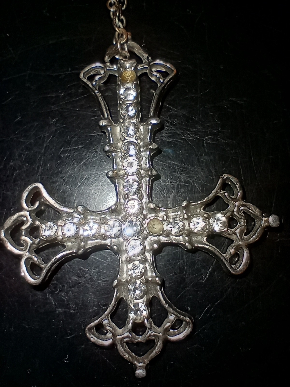 Rhinestone Cross Pendant Necklace - Silver Tone
